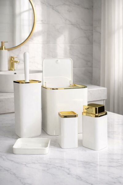 Okyanus Home Gold Kare Kırık Beyaz 5'li Banyo Seti