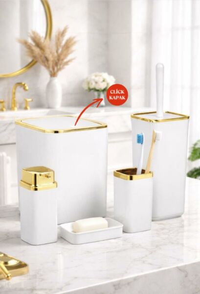 Okyanus Home Gold Kare Kırık Beyaz 5'li Banyo Seti