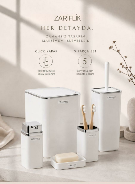 Okyanus Home Beyaz Kare Kromlu 5'li Banyo Seti
