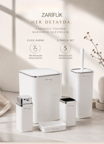 Okyanus Home Beyaz Kare Kromlu 5'li Banyo Seti