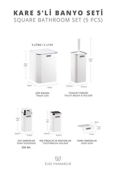 Okyanus Home Beyaz Kare Kromlu 5'li Banyo Seti