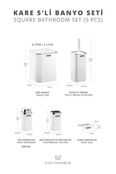 Okyanus Home Beyaz Kare Kromlu 5'li Banyo Seti