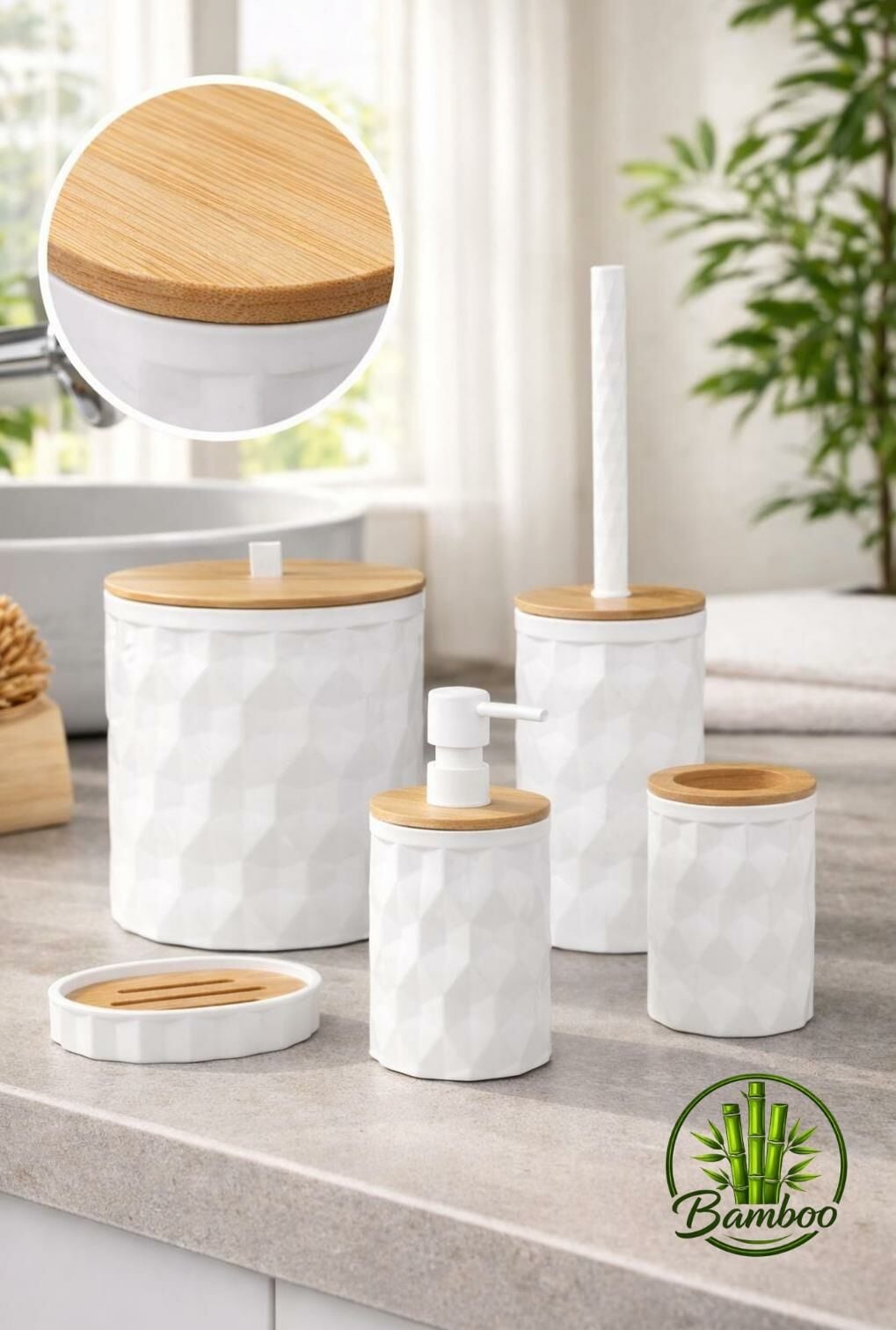 Okyanus Home Beyaz Diamond Gerçek Bambu Banyo Seti