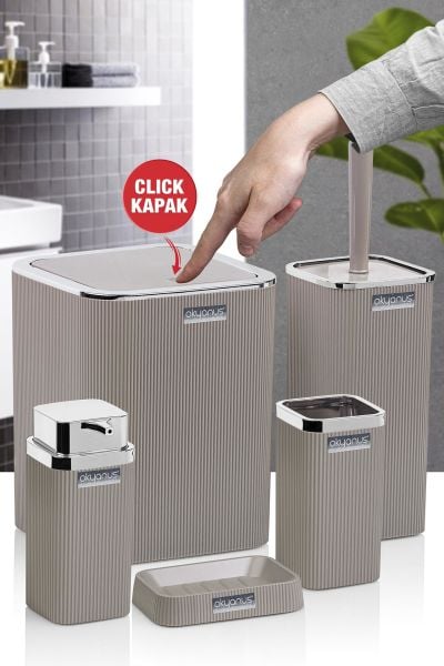 Okyanus Home Stella Vizon Kromlu Çizgili Kare 5'li Banyo Seti