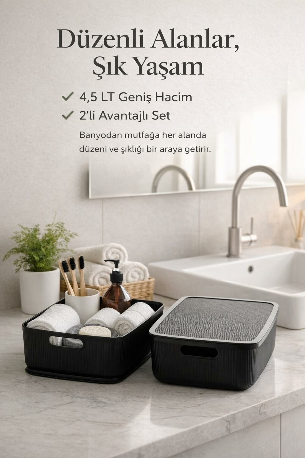 Okyanus Home Linea Smart Box Siyah 4,5 Lt 2 Adet Kapaklı Çok Amaçlı Saklama Kutusu