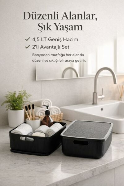Okyanus Home Linea Smart Box Siyah 4,5 Lt 2 Adet Kapaklı Çok Amaçlı Saklama Kutusu