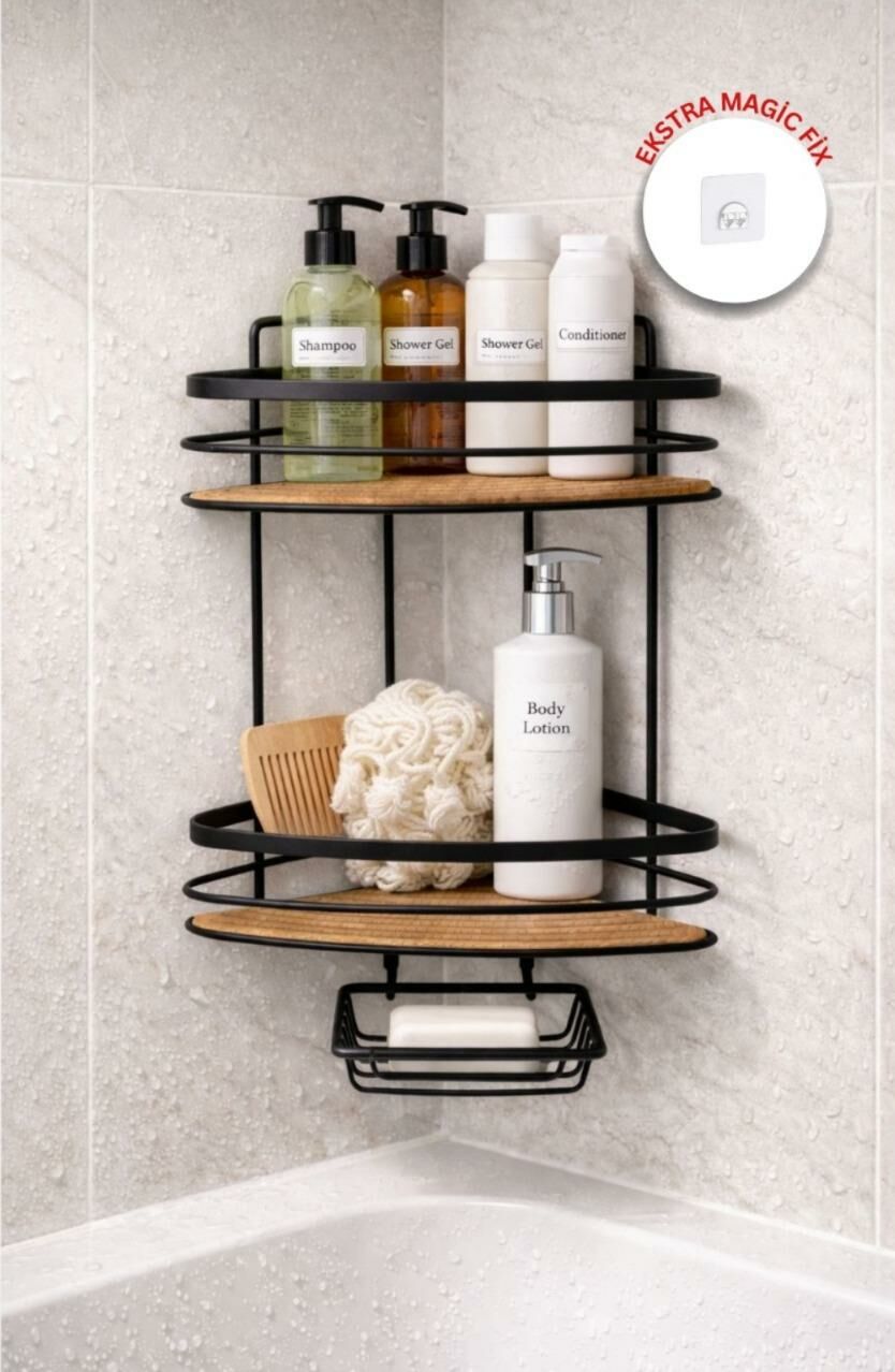Okyanus Home İki Katlı Üçgen Şampuanlık & Sabunluk Siyah- Ahşap 21 cm