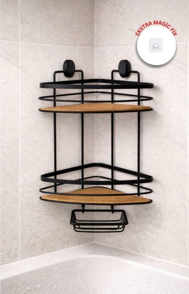 Okyanus Home İki Katlı Üçgen Şampuanlık & Sabunluk Siyah- Ahşap 21 cm