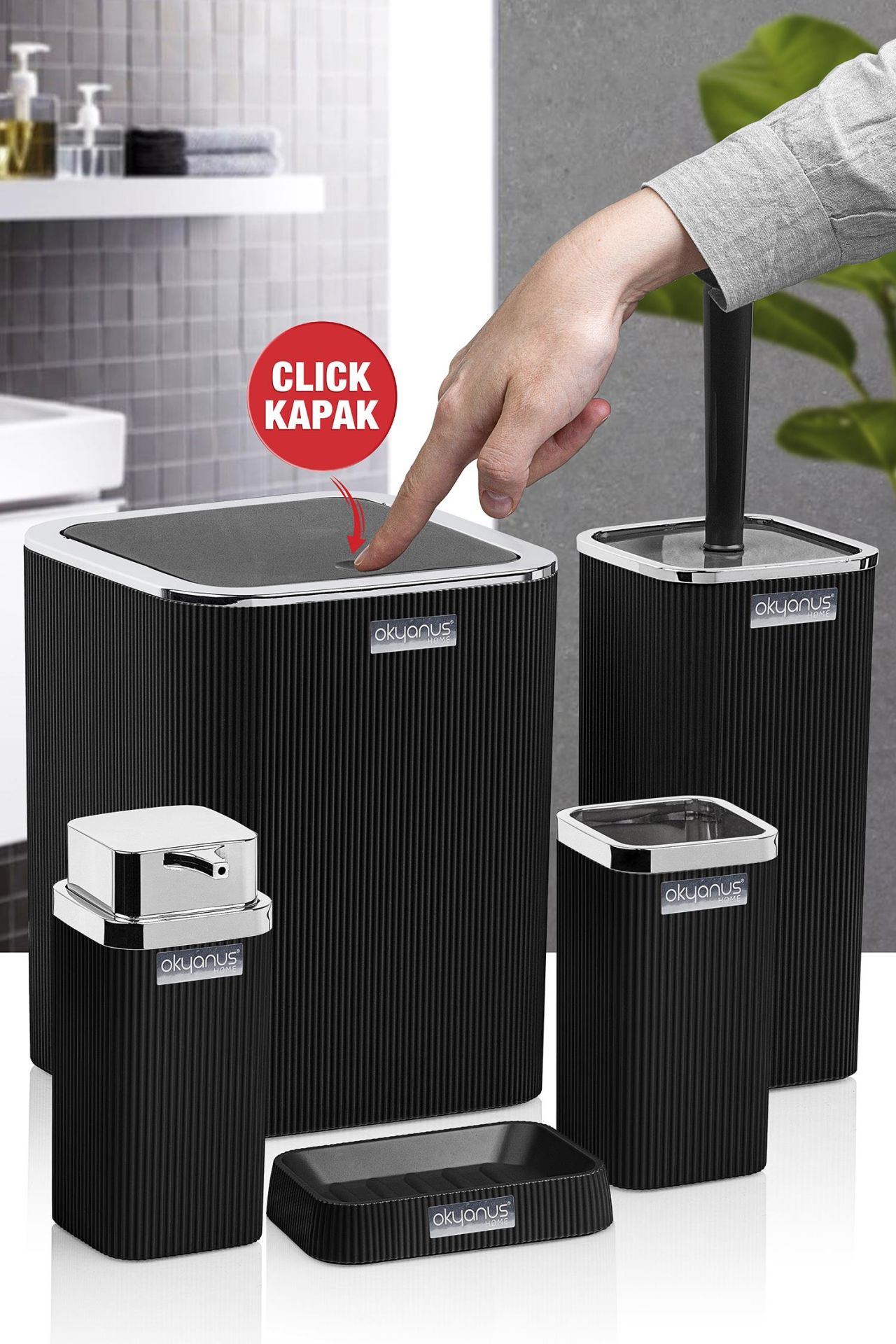 Okyanus Home Stella Siyah Kromlu Çizgili Kare 5'li Banyo Seti
