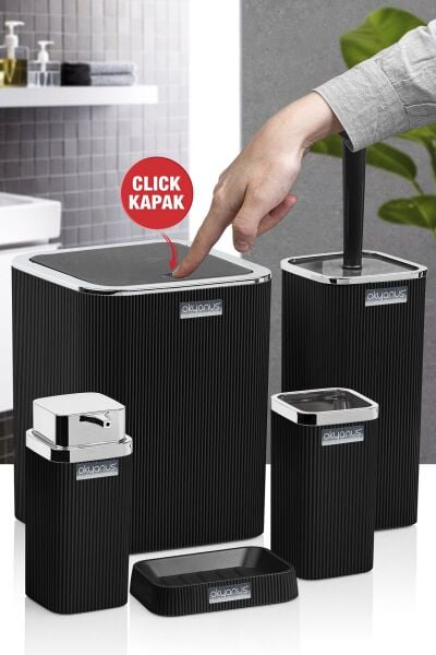 Okyanus Home Stella Siyah Kromlu Çizgili Kare 5'li Banyo Seti