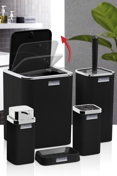 Okyanus Home Stella Siyah Kromlu Çizgili Kare 5'li Banyo Seti