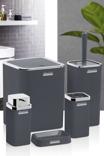 Okyanus Home Stella Antrasit Kromlu Çizgili Kare 5'li Banyo Seti