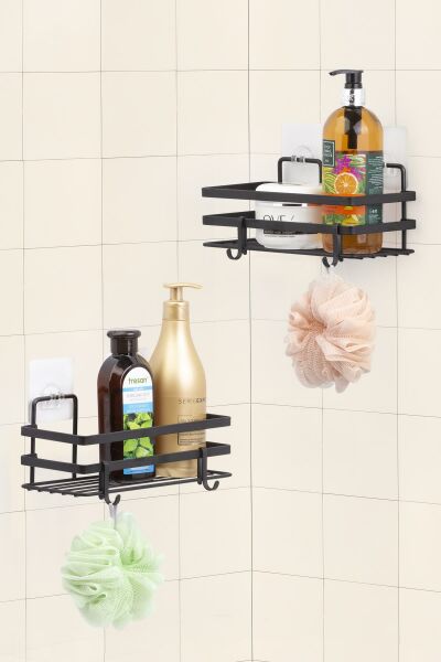 Okyanus Home Magic Fix Sihirli Yapışkan Kancalı Siyah Lamalı 2 Adet Dikdörtgen Banyo Rafı