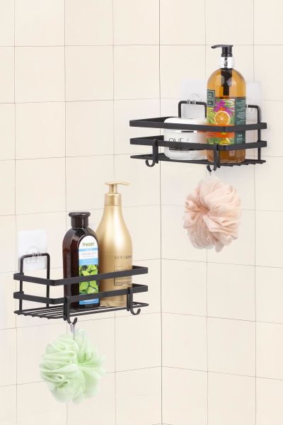 Okyanus Home Magic Fix Sihirli Yapışkan Kancalı Siyah Lamalı 2 Adet Dikdörtgen Banyo Rafı