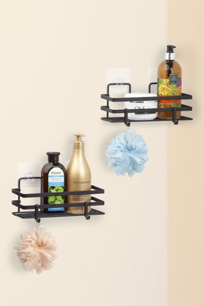 Okyanus Home Magic Fix Sihirli Yapışkan Kancalı Siyah Lamalı 2 Adet Dikdörtgen Banyo Rafı
