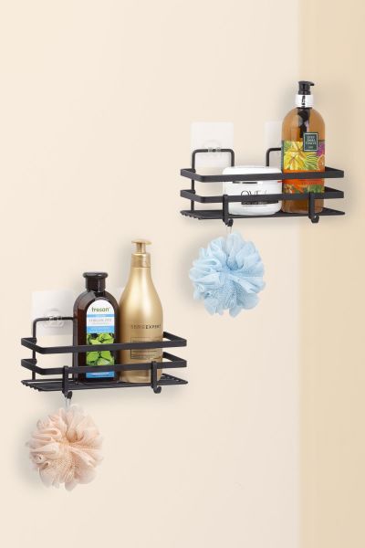 Okyanus Home Magic Fix Sihirli Yapışkan Kancalı Siyah Lamalı 2 Adet Dikdörtgen Banyo Rafı