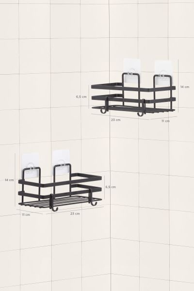 Okyanus Home Magic Fix Sihirli Yapışkan Kancalı Siyah Lamalı 2 Adet Dikdörtgen Banyo Rafı