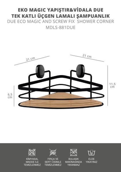 Okyanus Home Eko Magic Yapıştır&Vidala 2 ADET  Due Tek Katlı Üçgen Lamalı Şampuanlık 21 cm / Siyah