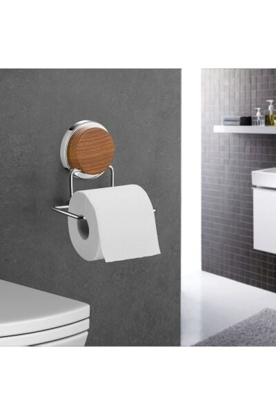 Okyanus Home Ahşap Desenli Magic Fix Sihirli Yapışkan Krom WC Kağıtlık