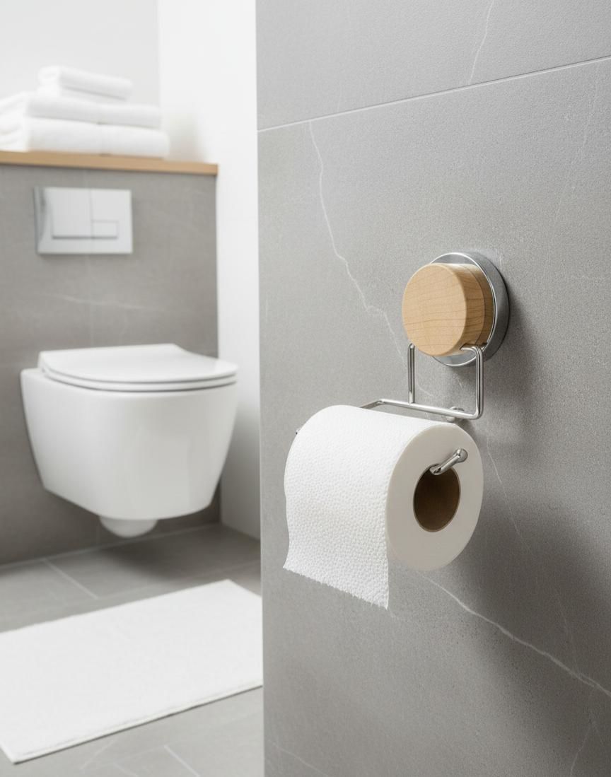 Okyanus Home Ahşap Desenli Magic Fix Sihirli Yapışkan Krom WC Kağıtlık