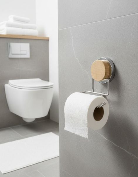 Okyanus Home Ahşap Desenli Magic Fix Sihirli Yapışkan Krom WC Kağıtlık