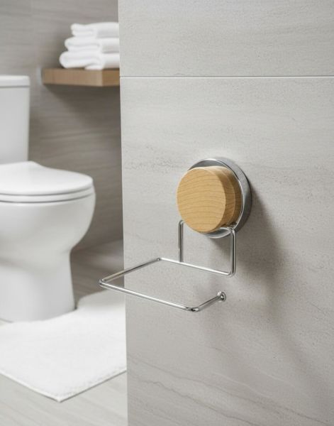 Okyanus Home Ahşap Desenli Magic Fix Sihirli Yapışkan Krom WC Kağıtlık