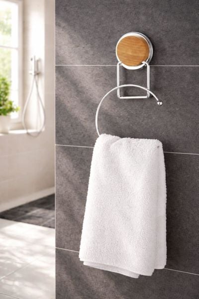 Okyanus Home Ahşap Desenli Magic Fix Sihirli Yapışkan Krom Yuvarlak Havluluk