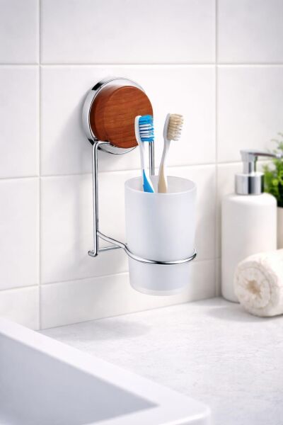 Okyanus Home Ahşap Desenli Magic Fix Sihirli Yapışkan Krom Diş Fırçalık