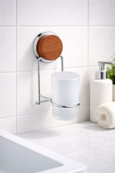 Okyanus Home Ahşap Desenli Magic Fix Sihirli Yapışkan Krom Diş Fırçalık