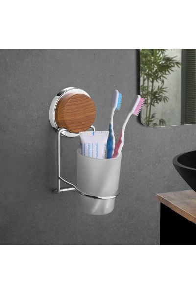 Okyanus Home Ahşap Desenli Magic Fix Sihirli Yapışkan Krom Diş Fırçalık
