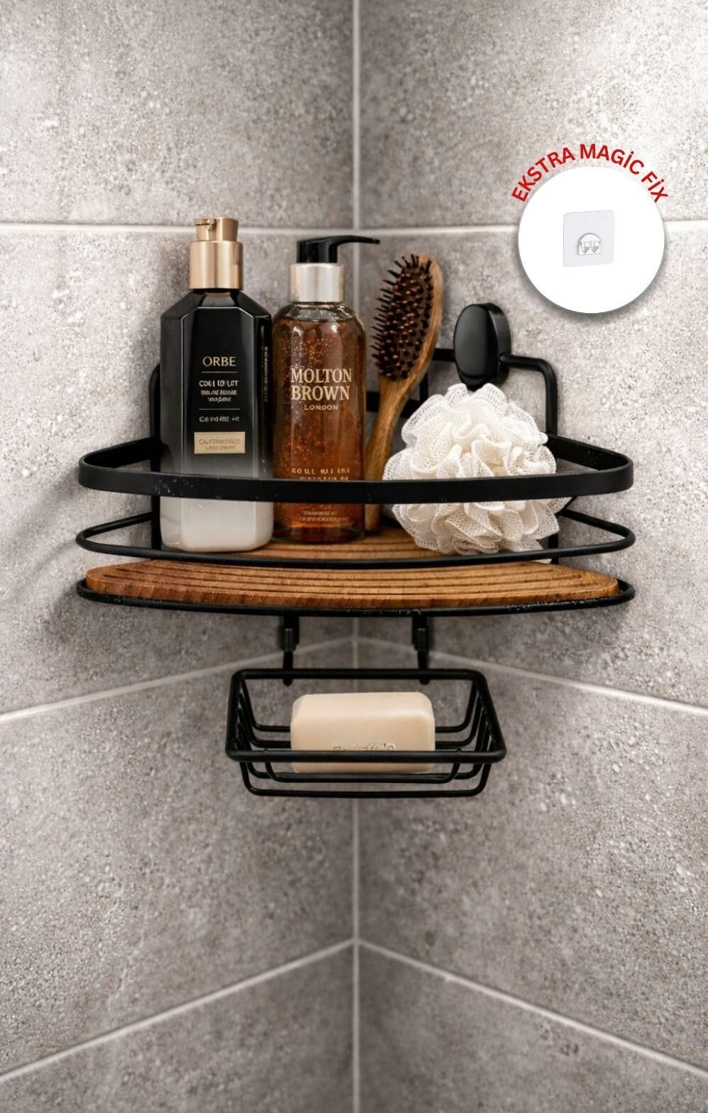 Okyanus Home Siyah Tek Katlı Üçgen Şampuanlık & Sabunluk 21 cm