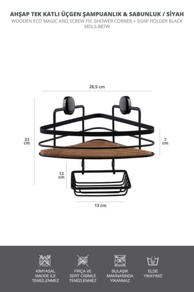 Okyanus Home Siyah Tek Katlı Üçgen Şampuanlık & Sabunluk 21 cm