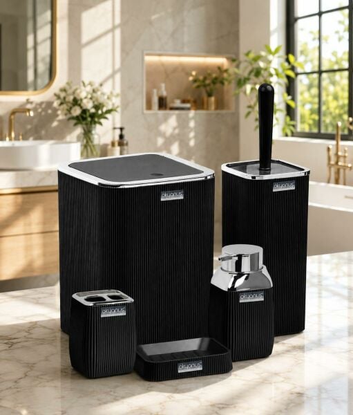 Okyanus Home Siyah Çizgili Krom 5'li Banyo Seti