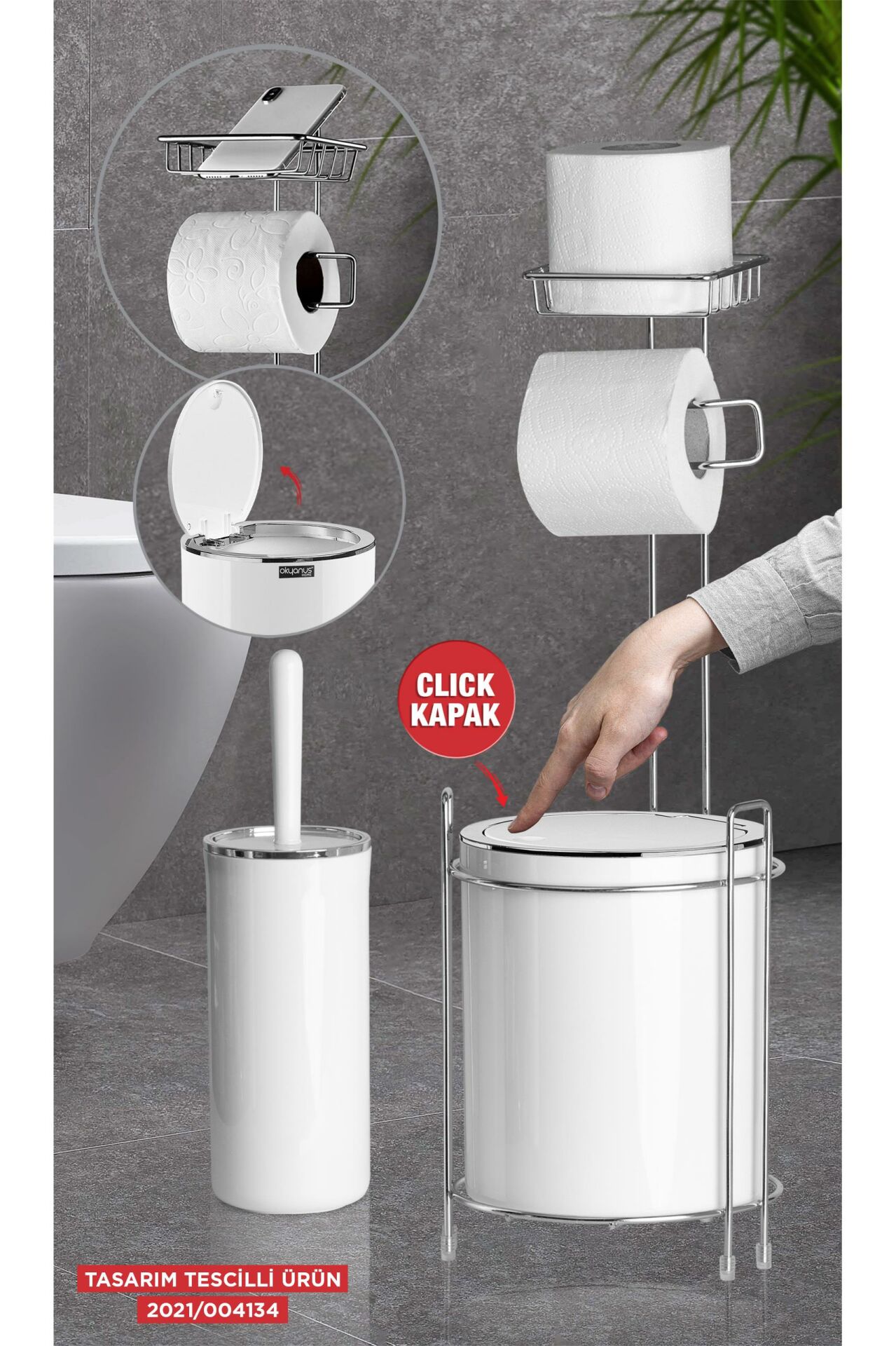 Okyanus Home Krom Yedekli Wc Kağıtlık - Yuvarlak Beyaz Çöp Kovası ve WC Fırça Seti