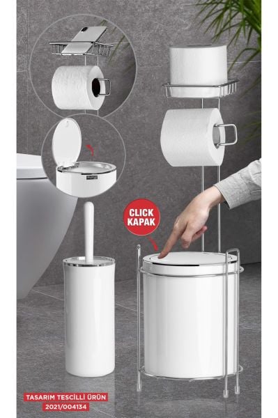 Okyanus Home Krom Yedekli Wc Kağıtlık - Yuvarlak Beyaz Çöp Kovası ve WC Fırça Seti