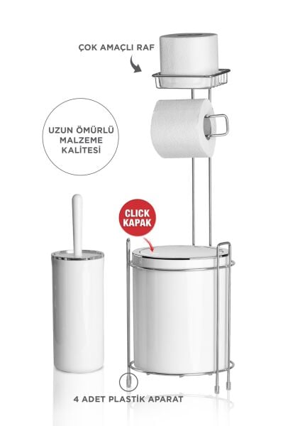 Okyanus Home Krom Yedekli Wc Kağıtlık - Yuvarlak Beyaz Çöp Kovası ve WC Fırça Seti