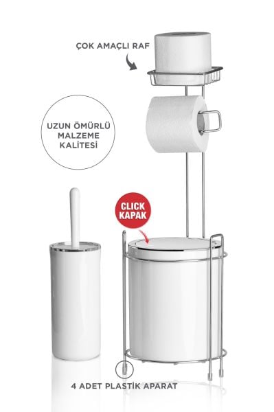 Okyanus Home Krom Yedekli Wc Kağıtlık - Yuvarlak Beyaz Çöp Kovası ve WC Fırça Seti