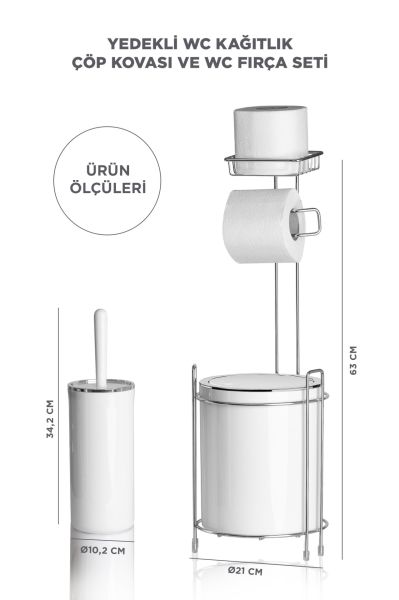 Okyanus Home Krom Yedekli Wc Kağıtlık - Yuvarlak Beyaz Çöp Kovası ve WC Fırça Seti