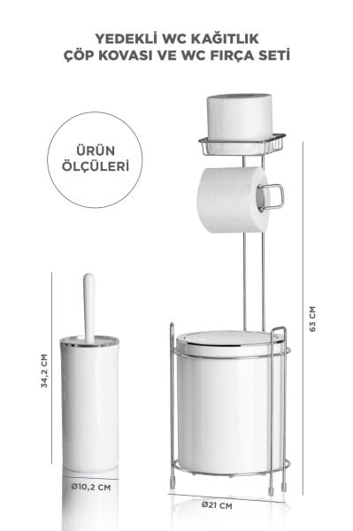 Okyanus Home Krom Yedekli Wc Kağıtlık - Yuvarlak Beyaz Çöp Kovası ve WC Fırça Seti