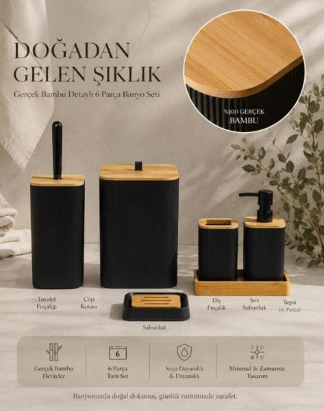 Okyanus Home Mina Kare Siyah Gerçek Bambu Detaylı  6 Parça Tepsili Banyo Seti