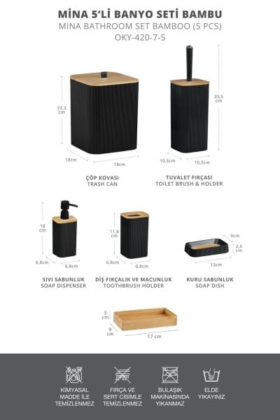Okyanus Home Mina Kare Siyah Gerçek Bambu Detaylı  6 Parça Tepsili Banyo Seti