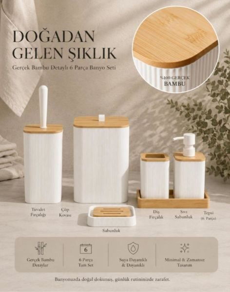 Okyanus Home Mina Kare Beyaz Gerçek Bambu Detaylı  6 Parça Tepsili Banyo Seti