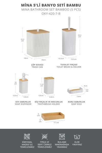 Okyanus Home Mina Kare Beyaz Gerçek Bambu Detaylı  6 Parça Tepsili Banyo Seti