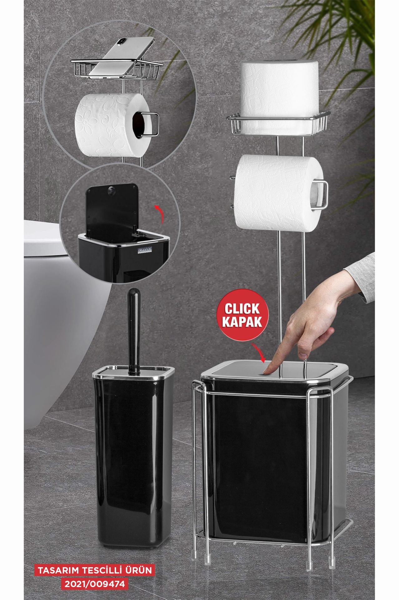 Okyanus Home Krom Yedekli Wc Kağıtlık - Siyah Çöp Kovası ve WC Fırça Seti
