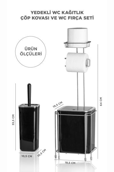 Okyanus Home Krom Yedekli Wc Kağıtlık - Siyah Çöp Kovası ve WC Fırça Seti
