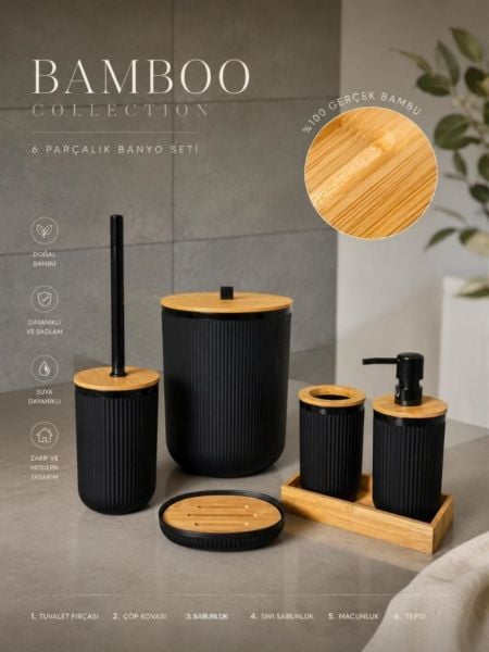Okyanus Home Linea Siyah Gerçek Bambu Detaylı  6 Parça Tepsili Banyo Seti