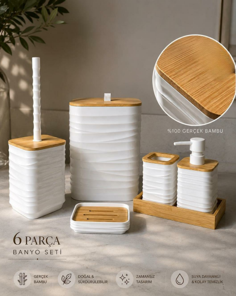Okyanus Home Luna Beyaz Gerçek Bambu Detaylı 7LT 6 Parça Tepsili Banyo Seti