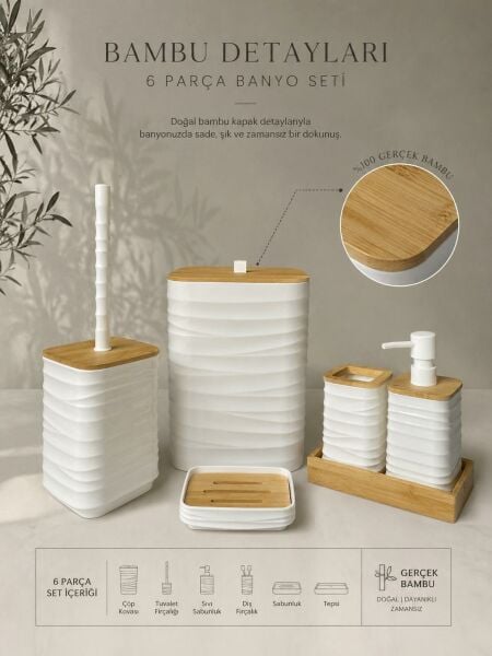 Okyanus Home Luna Beyaz Gerçek Bambu Detaylı 7LT 6 Parça Tepsili Banyo Seti