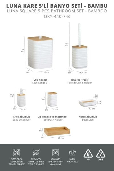 Okyanus Home Luna Beyaz Gerçek Bambu Detaylı 7LT 6 Parça Tepsili Banyo Seti