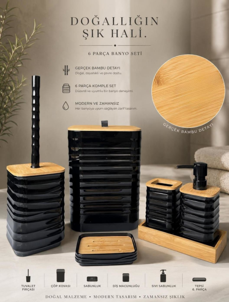 Okyanus Home Luna Siyah Gerçek Bambu Detaylı 7LT 6 Parça Tepsili Banyo Seti